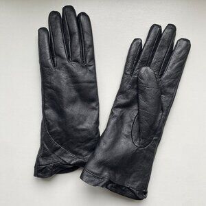 Women's Black Genuine Leather Gloves with Ruffle Detail